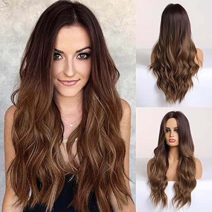 DILLARDS Wig Long Ombre Brown For Women Long Wavy Brown Wig Middle Part Synthetic Heat Resistant Wigs Daily Party Use Brown Wig 22 Inch - Image 5